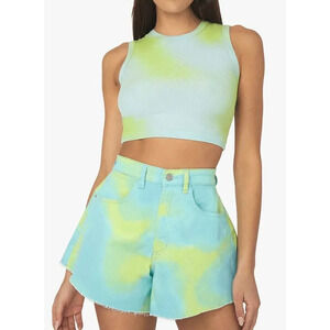 NWT Revolve WeWoreWhat Flare Denim Short Women's 29 Blue Green Tie Dye High Rise